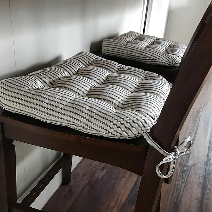 Barnett Home Decor Ticking Stripe Black Dining Chair Pad with Ties - 17" x 15" Size Small Chair Cushion - Latex Foam Fill - Machine Washable, Reversible, 100% Cotton, Made in USA