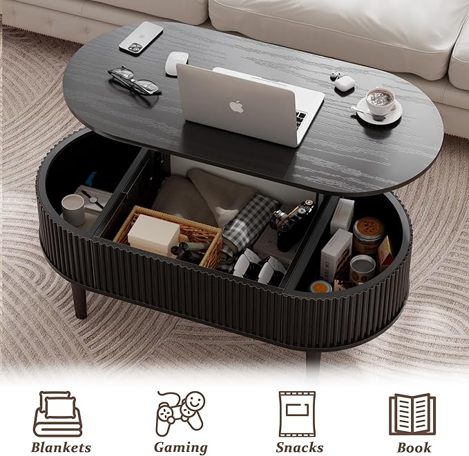 EAG Fluted Lift Top Coffee Table with Hidden Compartment, Modern Oval Coffee Table with Storage, Fully Wood Center Table for Living Room, Office, Black