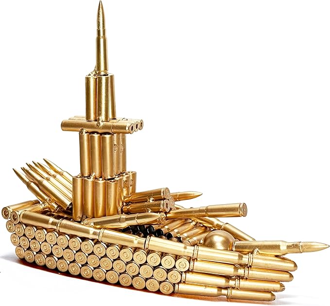 Bullet Shell Military Vehicle Sculptures - Handmade Tank, Airplane, Warship Metal Art Decor for Home, Office, Study Room for Men, Veterans (Warship Model)