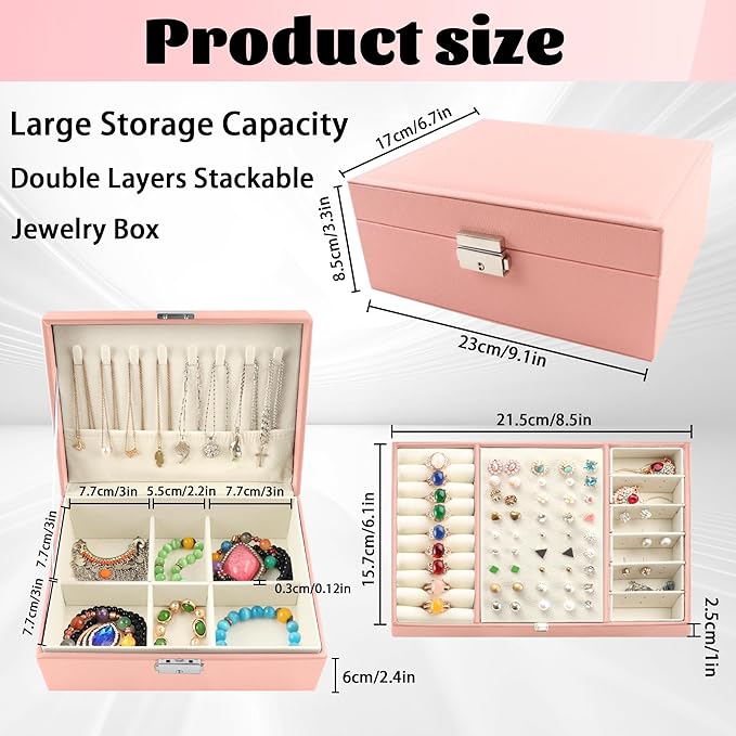 Homeanda Jewelry box 2 layer Jewelry box Leather Jewelry boxes for Women Girls Teens Jewelry organizer box Jewelry Storage box with lock(Pink)