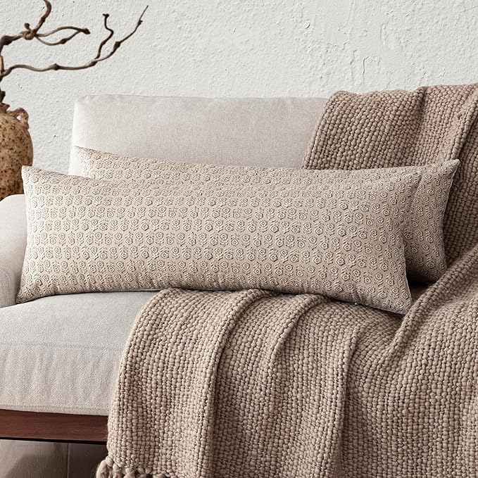 Foindtower Set of 2 Decorative Long Body Lumbar Throw Pillow Covers Vintage Accent Farmhouse Cushion Covers Neutral Home Decor for Sofa Couch Chair Bedroom Living Room Outdoor,14×36 Inch,Ivory Beige