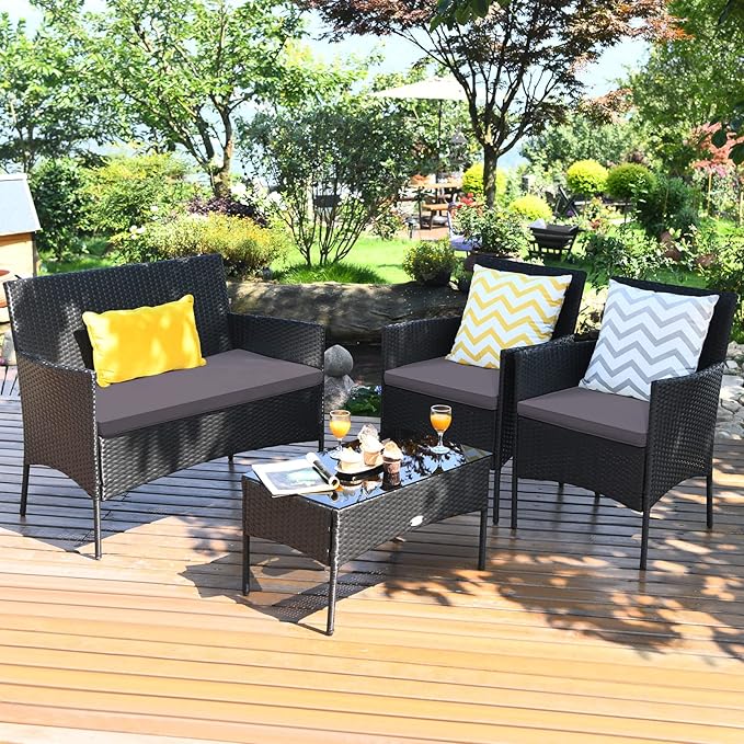 Tangkula 8 Pieces Patio Rattan Conversation Set, Outdoor Wicker Furniture Set with Tempered Glass Coffee Table &Thick Cushion, Rattan Chair Wicker Set for Garden, Lawn, Poolside and Backyard