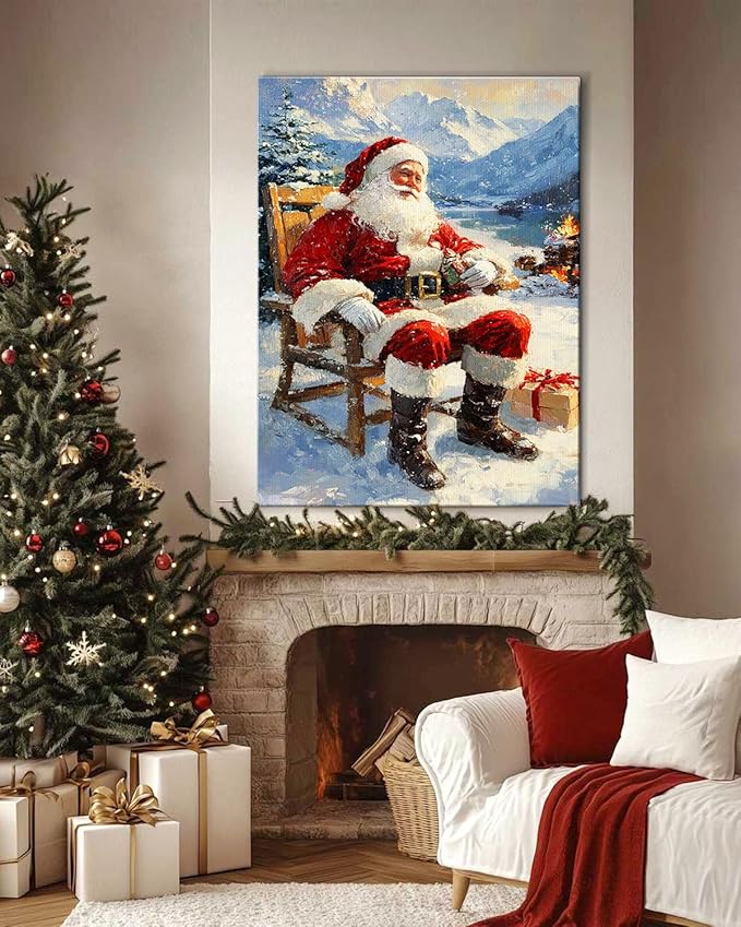 Vintage Santa Claus Christmas Canvas Wall Art - Festive Holiday Painting for Living Room,Bedroom & Bathroom, Cozy Winter Decor Framed Print, Perfect Christmas Gifts & Home Decoration