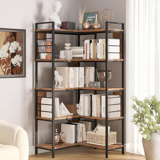 5 Tier Corner Bookshelf, Reversible Corner Shelf, Industrial Wooden Display Book Shelf Stand, L-Shaped Etagere Bookcase with Storage Shelves and Metal Frame for Living Room, Bedroom, Home Office