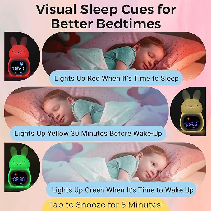 Bumble & Bright Go & Glow Bunny App Control Kids Alarm Clock – Digital Sleep Trainer with USB-C Corded, 8 Night Light Colors, 6 Soothing Sounds, 12/24H Routine Trainer, Gift for Boys & Girls