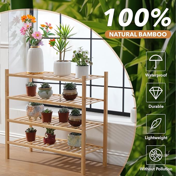 4 Tier Bamboo Shoe Rack Storage Organizer for Closet, Multifunctional Stackable Free Standing Shoe Shelf Organizer for Small Space,Entryway,Hallway,Bathroom 27"x11"x26"(Natural, 4 Tier)