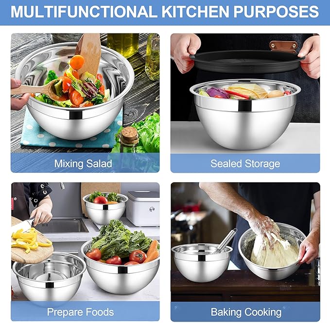 LIANYU Stainless Steel Mixing Bowls with Lids Set, Kitchen Nesting Metal Bowl Set of 6, Ideal for Salad Baking Cooking Serving Food Storage, Size 7, 3.5, 2.5, 2, 1.5, 1QT, Dishwasher Safe, Black