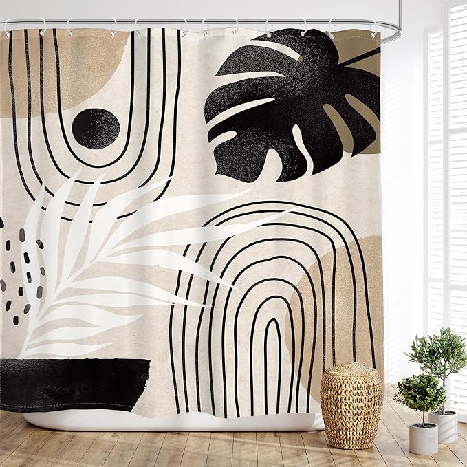Glawry Boho Mid Century Shower Curtain Abstract Plant Tropical Palm Leaf Modern Geometric Minimalist Bathroom Black Beige Brown 72Wx78L Inches Bath Accessories Art Home Decor Fabric 12 Pack Hook