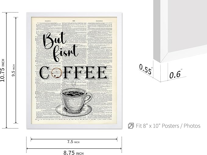 Poster Master Dictionary Art Poster - But First Coffee Print - Cafe Art - Gift for Men, Women, Coffee Lovers & Barista - Funny Decor for Kitchen, Restaurant or Dining Room, 8x10 White Framed