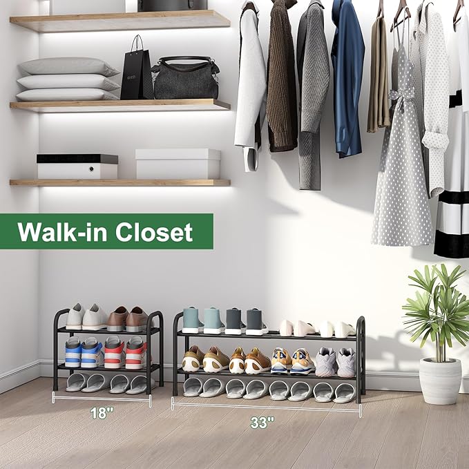 2-Tier Shoe Rack for Closet, Expandable Metal Shoe Organizer, Adjustable Shoe Shelf Storage Organizer, Standing Shoe Rack for Entryway Closet Doorway