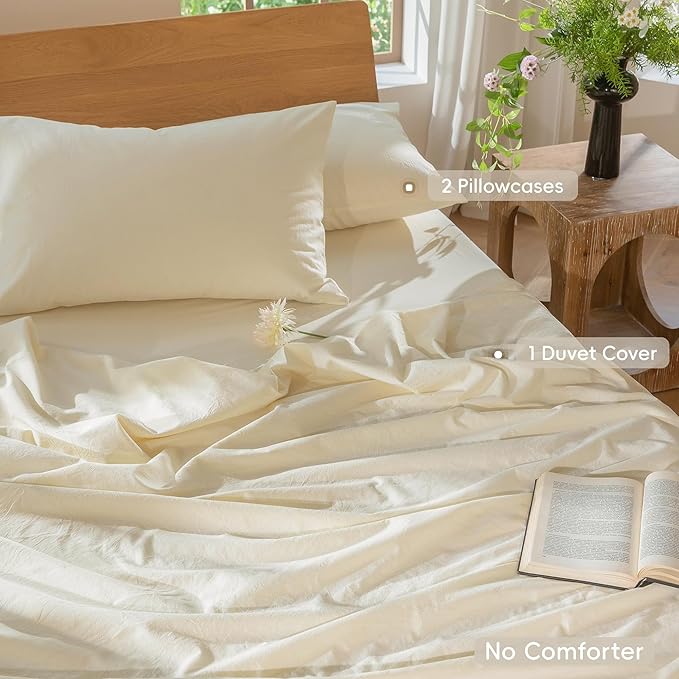 MooMee Bedding Duvet Cover Set 100% Washed Cotton Linen Like Textured Breathable Durable Soft Comfy (Solid Cream White, Cal King 104"x98")