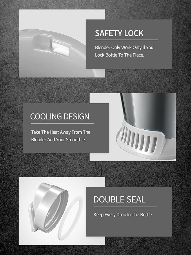 Personal Blender, Electric Shake Bottle with 2 x 20oz Travel Bottle and Coffee/Spices Jar, Portable Shaker Cups for Protein Shakes, 500W Single Serve Blender for Shakes and Smoothies, Sports(Grey)