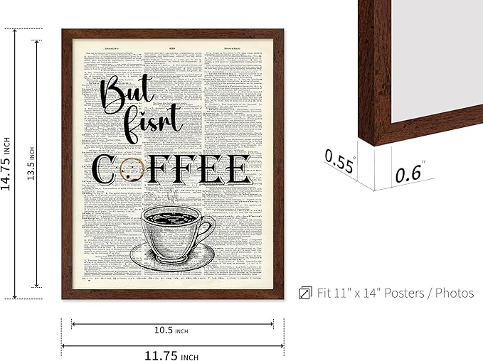 Poster Master Dictionary Art Poster - But First Coffee Print - Cafe Art - Gift for Men, Women, Coffee Lovers & Barista - Funny Decor for Kitchen, Restaurant or Dining Room, 11x14 Brown Framed