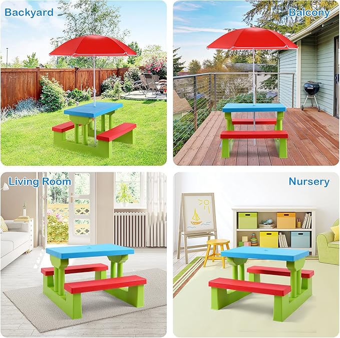 Costzon Kids Picnic Table, Indoor & Outdoor Plastic Table and Bench with Removable Umbrella, Portable Toddler Picnic Table and Chair Set for Garden, Backyard, Patio