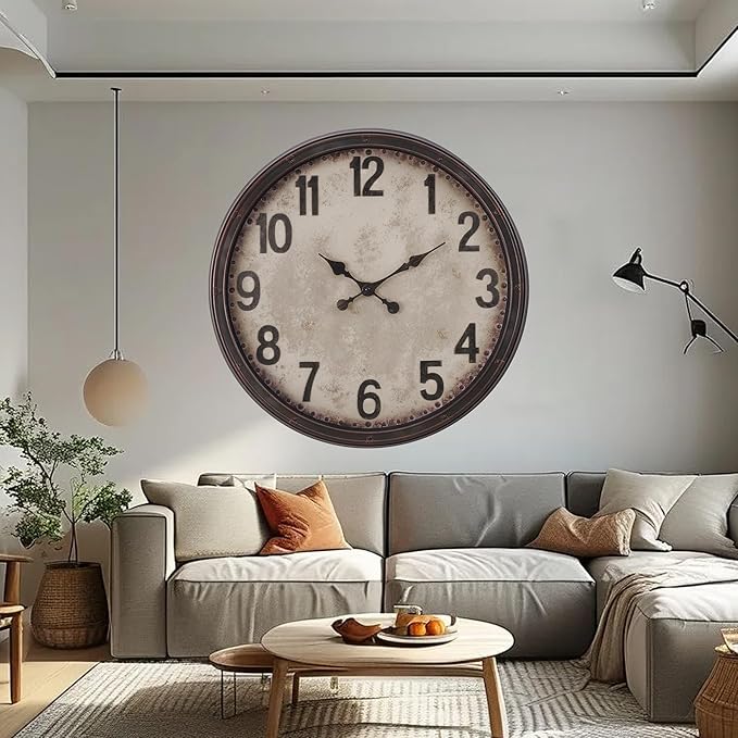 20 Inch Retro Farmhouse Wall Clock, Vintage Silent Non-Ticking, Battery Operated Decorative Clock for Living Room, Kitchen, Bedroom, Office and Home Decor, Dark Brown Arabic Number