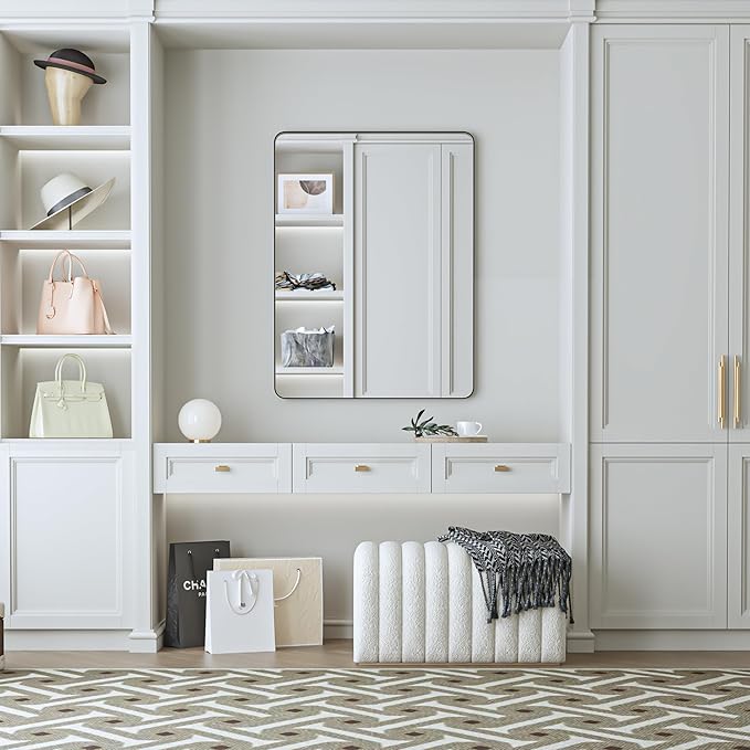 30×30 Black Bathroom Mirror, Rectangular Bathroom Vanity Mirror for Wall with Rounded Corners & Aluminum Alloy Frame, Tempered-Glass, Modern, Farmhouse, Horizontal/Vertical, Entryway, Bedroom