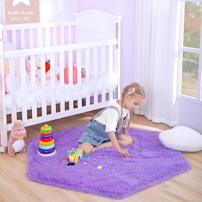 junovo Ultra Soft Rug for Nursery Children Room Baby Room Home Decor Dormitory Hexagon Carpet for Playhouse Princess Tent Kids Play Castle, Diameter 4.6 ft, Purple