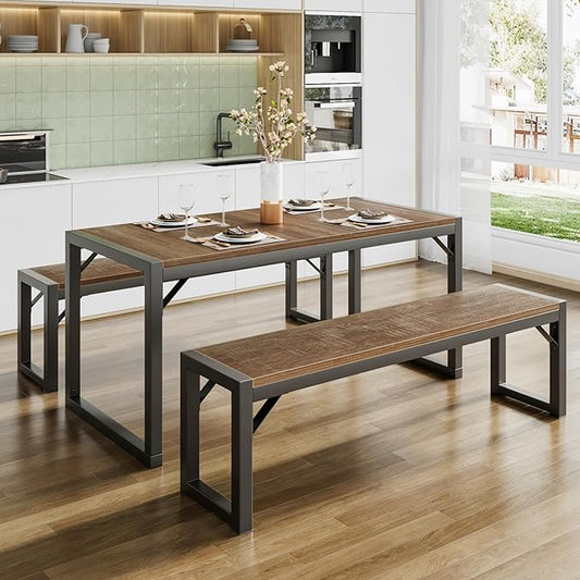 SHA CERLIN Kitchen Dining Table Set for 4 with Benches, Rustic Small Space Saving Dinette, Heavy Duty Metal Frame