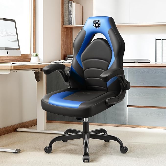 Gaming Chair, Leather High-Back Home Office Desk Chair with Flip-Up Arms, Ergonomic Padded Rolling Wheels Swivel Tilt Gamer Computer Chair with Comfy Lumbar Support, Height Adjustable, Blue