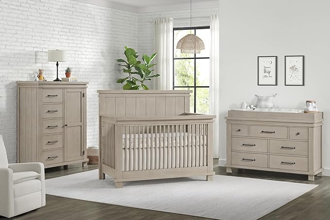 Soho Baby Hampton Premium 4-in-1 Convertible Crib, Flat-Top Headboard, Smooth Stone Wash, GreenGuard Gold Certified