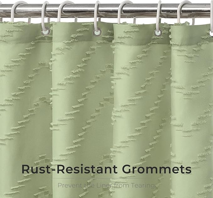 Green Shower Curtain Boho Woven Fabric Shower Curtain Tufted Chervon Textured Shower Curtain Modern Minimalist Shower Curtain for Bathroom Neutral Striped Waterproof Shower Curtain 72 x 72 Inches