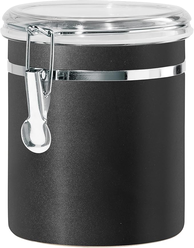 Oggi Stainless Steel Kitchen Canister 47 fl oz, Black - Airtight Clamp Lid, Clear See-Thru Top - Ideal for Kitchen Storage, Food Storage, Pantry Storage. Large Size 5" x 6".
