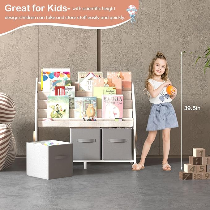 Kids Bookshelf Small 4 Sling Wood Book Rack Kids Room Bookcase Display Stand with 3 Toy Storage Organizer Cube Bins Children Toddler Baby Gift Boys Girls Bedroom Playroom Nursery