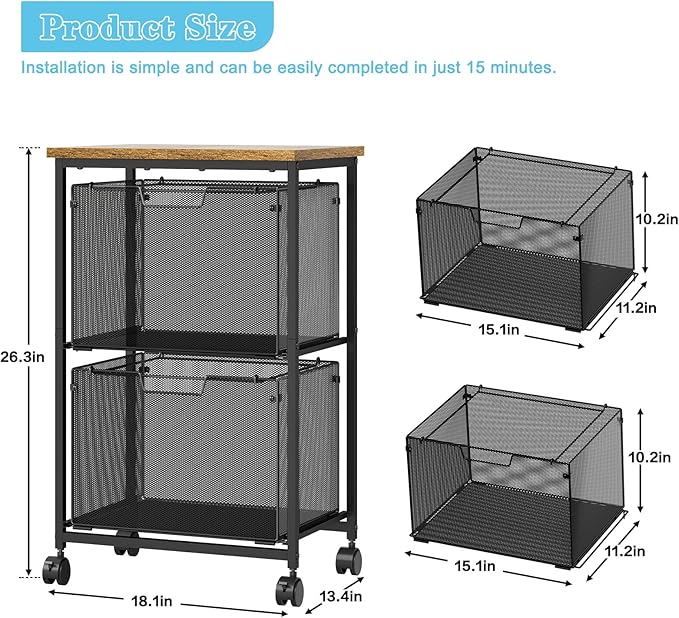 Letter/Legal Mobile File Cabinet, Rolling File Cart with 2 Drawers Filing Cabinet for Home Office, Hanging File Folders Organizer for Under Desk Storage, Mobile Printer Stand, Black and Brown