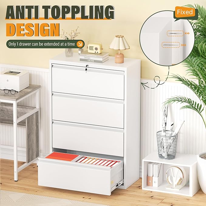 Greenvelly 4 Drawer Lateral File Cabinet with Lock, White Metal Filing Cabinet for Home Office, Locking Metal File Cabinet for Legal/Letter/A4/F4 Size with Hanging Bars&Key
