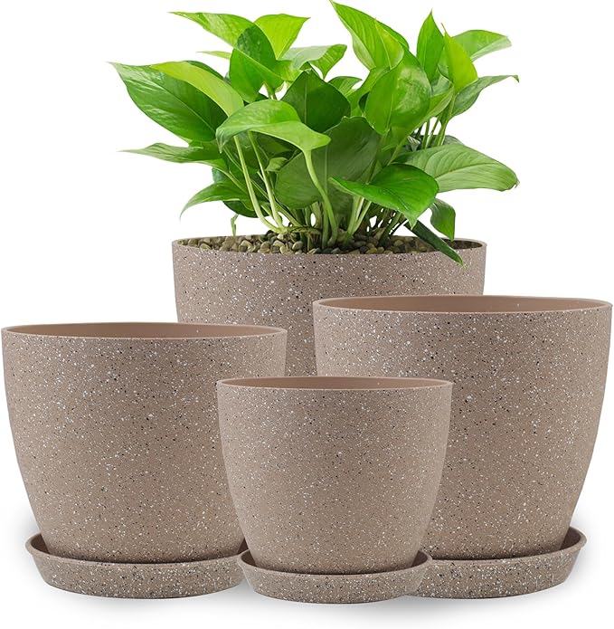 Plant Pots- 8.5/7.5/6.5/6 Inches 4 Pack Plastic Planters,Indoor Decor Flower Pots with Drainage Holes and Tray,Home Decor Flower pots for Indoor Plants Cactus, Succulents
