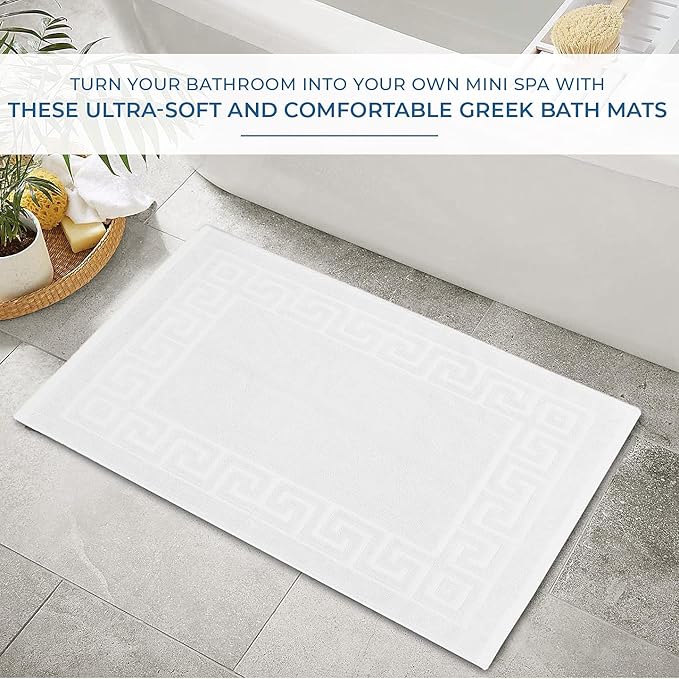 DAN RIVER Greek Bath Mat - White, 100% Ring Spun Cotton, Pack of 2, 20x32 inches, 800 GSM, Non-Slip, Absorbent, Quick Drying, Machine Washable Bathroom Floor Mats for Shower, Kitchen & Bath