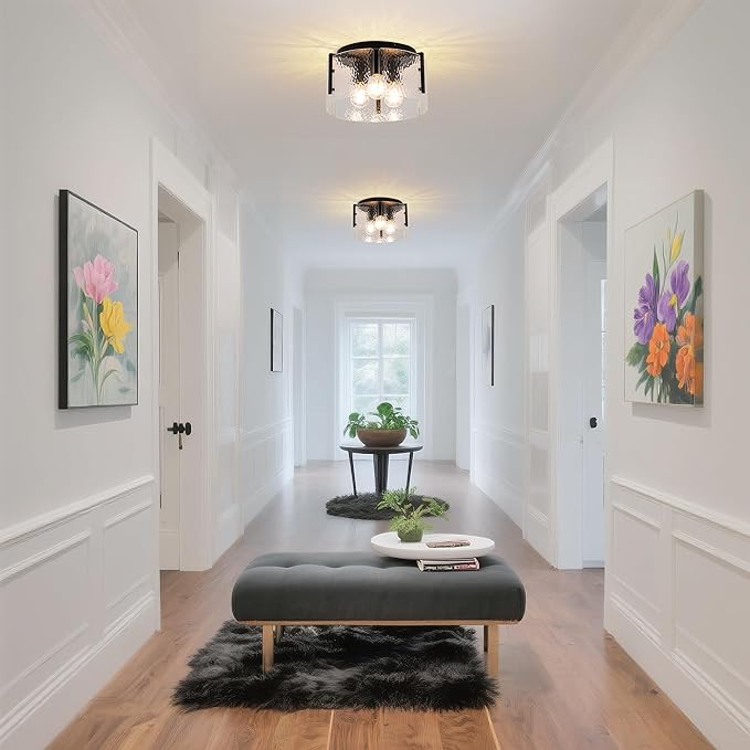 MAYNA Modern Black Semi Flush Mount Ceiling Light Fixture, 3-Light Hallway Light Fixtures Ceiling Mount, Dimmable Kitchen Lighting Fixtures Ceiling Lights for Bedroom Bathroom Dining Room Entryway