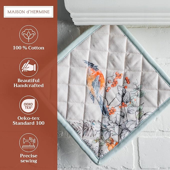 Maison d' Hermine Pot Holders 100% Cotton Heat Resistant Potholders 8" x 8" Hot Pads with Loop for Thanksgiving Christmas Decorations BBQ Cooking Handling Hot Pans (Pack of 1, Whitish Shabby Chique)