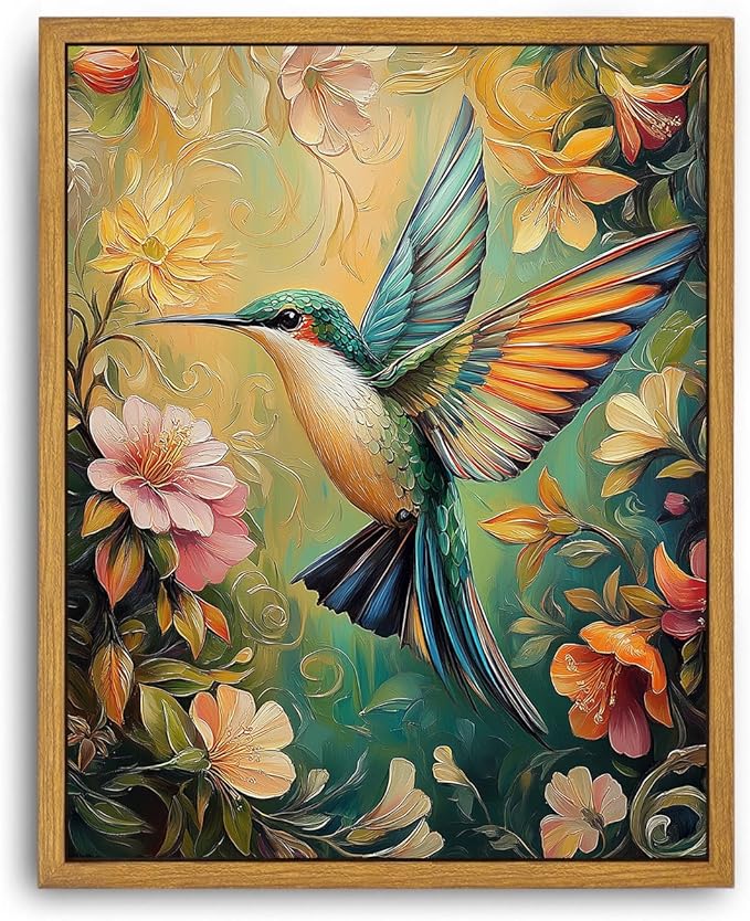 Djmwtb William Morris Vintage Framed Wall Art Floral Bird Canvas Wall Art Prints Flower Hummingbird Pictures Nature Painting Colorful Botanical Artwork for Bedroom Living Room 12x16in