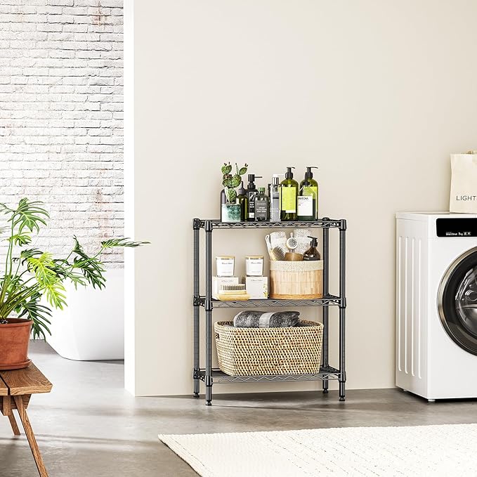 IZEUK 3 Tier Heavy Duty Steel Storage Shelves, Metal Shelf Wire Shelving Rack for Pantry, Kitchen, Cloakroom or Office Organization (13.8" D x 23.6" W x 35.5" H, 750LBS, Black)