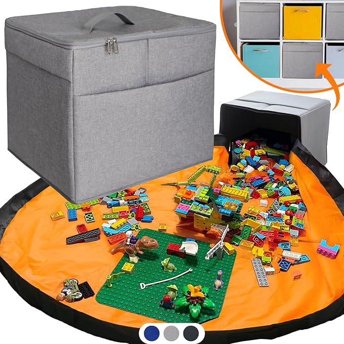 XL Toy Storage Organizer with Play Mat - Storage Bag/Box for Kids, Boys, Girls, Nursery, Playroom - Basket for Building Bricks/Blocks - Collapsible Fabric Cube Bin, 13"x13"x15"