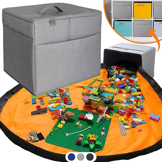 XL Toy Storage Organizer with Play Mat - Storage Bag/Box for Kids, Boys, Girls, Nursery, Playroom - Basket for Building Bricks/Blocks - Collapsible Fabric Cube Bin, 13"x13"x15"