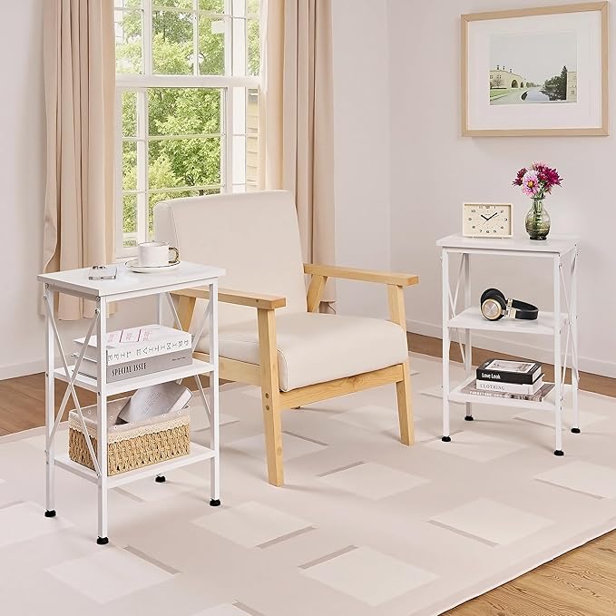 VECELO End Table, Bedside Table, 24" Tall Living Room End Tables, X-Design Reinforced Nightstands, Side Table with 3-Tier Storage Shelves for Small Spaces, Office, Bathroom, Bedroom, Pearl White