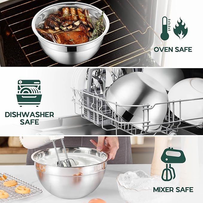 Stainless Steel Mixing Bowls with Black Lids, Metal Nesting Mixing Bowl Set of 5 - Size 1.5, 2, 2.6, 3.5, 4.6QT