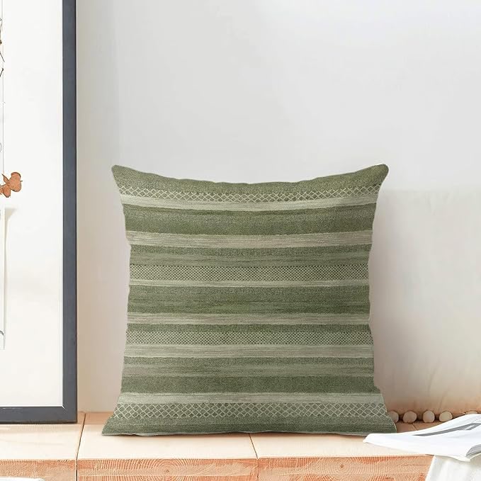 Boho Green Stripe Throw Pillow Covers 18x18 Inch Set of 2, Rustic Abstract Decorative Throw Pillow Covers Retro Stripe Neutral Outdoor Cushion Cover for Sofa Couch Farmhouse Room Bed Decor