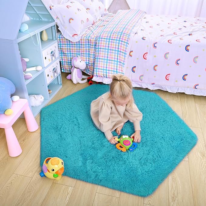 junovo Ultra Soft Rug for Nursery Children Room Baby Room Home Decor Dormitory Hexagon Carpet for Playhouse Princess Tent Kids Play Castle, Diameter 4.6 ft, Teal Blue