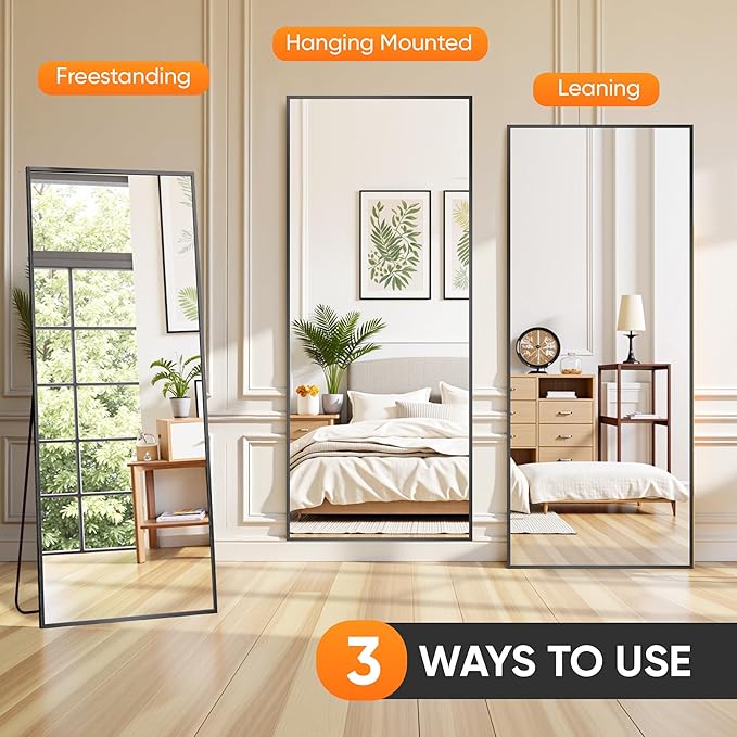 Suidia Full Length Mirror, 71"x32" Floor Standing Mirror Freestanding, Full Body Mirrors with Stand for Bedroom, Hanging Mounted for Living Room Cloakroom, Black, Rectangular Style