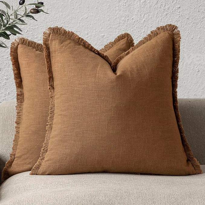 Foindtower Set of 2 Decorative Linen Fringe Throw Pillow Covers Boho Farmhouse Cushion Cover with Tassels Soft Accent Pillowcase for Couch Sofa Bed Living Room Home Decor,22×22 Inch,Orange Brown