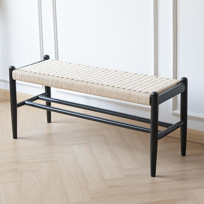Solid Wood Entryway Bench with Shoe Storage, Rustic Oak Wood and Woven Design 39.4 Inch Long Seating for Living and Dining Rooms,Black