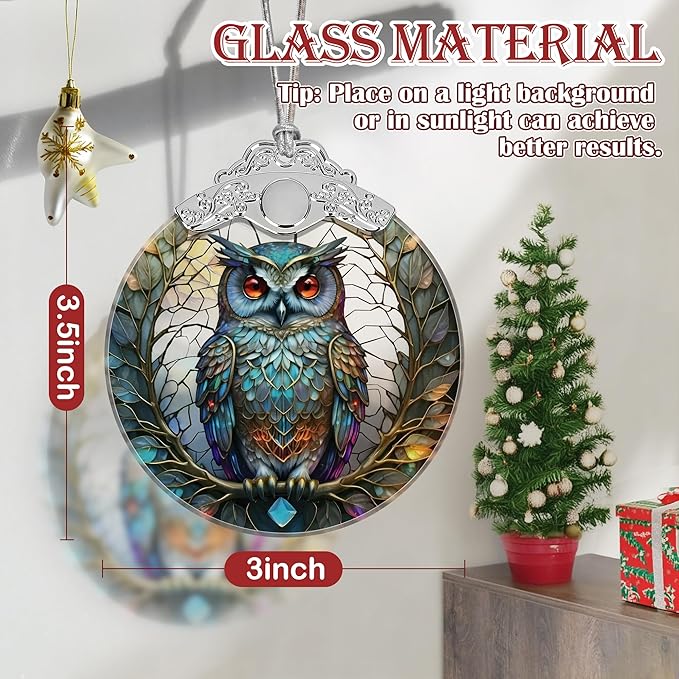 Owl Christmas Ornament - Stained Glass Hanging Tree Decoration, Holiday Home Decor, Gift Exchange Idea