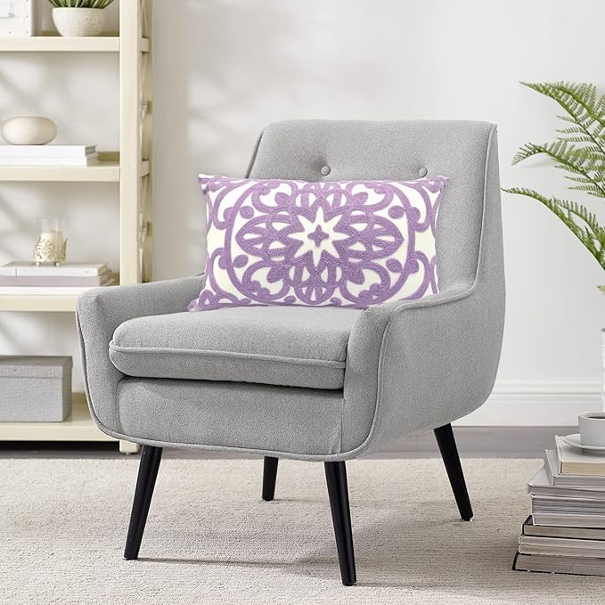 Alysheer Embroidered Lumbar Decorative Throw Pillow Cover 12"x 20", Classic Boho Mandala Embroidery Pattern Cotton Rectangular Cushion Case for Sofa Couch Living Room Bedroom(Lavender)