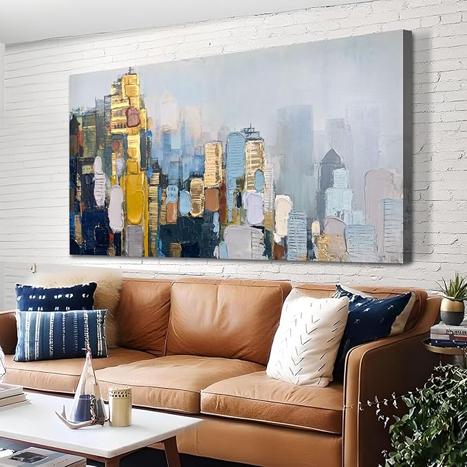 Arjun Abstract Wall Art 3D Textured Skyline Canvas Painting Gold Grey Colorful Modern Cityscape Metropolitan Picture Artwork Framed Extra Large for Living Room Bedroom Home Office Wall Decor, 58"x29"