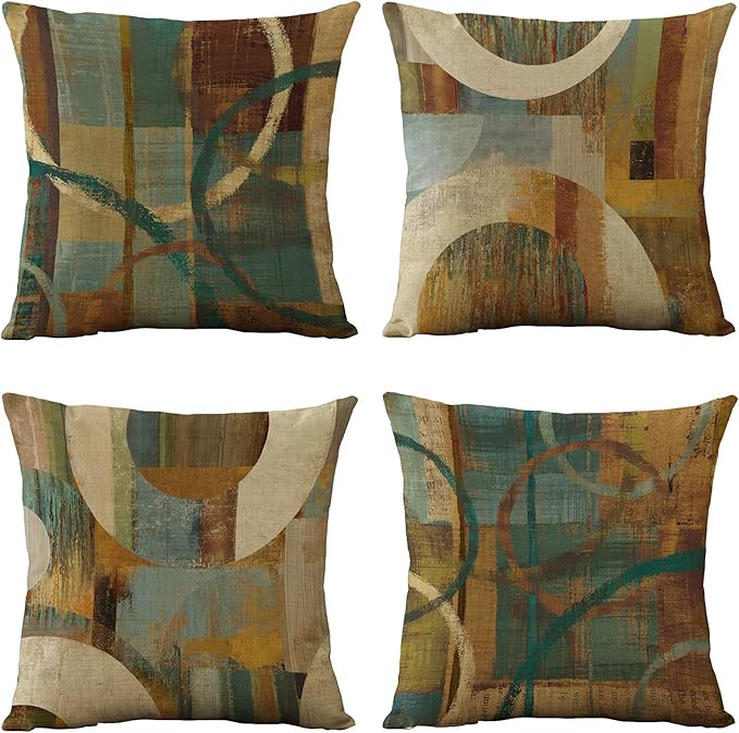 WOMHOPE Set of 4 Vintage Geometric Decorative Throw Pillow Covers Pillow Cases Cushion Cases 18 x 18 Inch for Living Room,Couch and Bed (Wooden)
