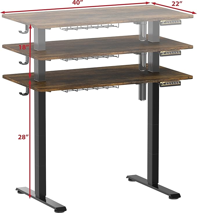 SHW 40 x 22 Inches Electric Height Adjustable Sit to Stand Desk with Hanging Hooks and Cable Management, Black Frame and Rustic Brown Top