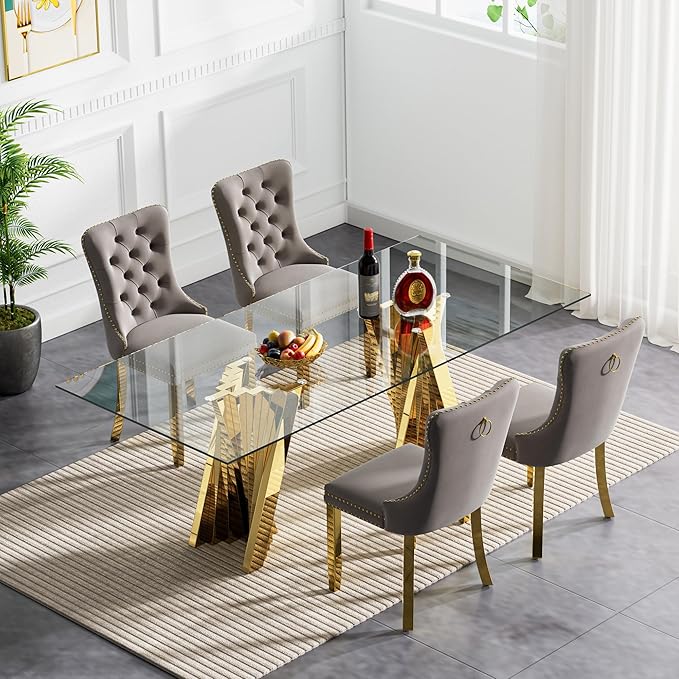 Goujxcy 70" Glass Dining Table Set for 4, Modern Gold Dining Table Set with 4 Grey Velvet Upholstered Dining Chairs, 5 Piece Kitchen Dining Room Table Set with Stainless Steel Legs